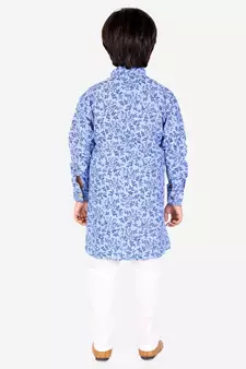 Blue Floral Design Cotton Boys Cut Kurta Pajama Set