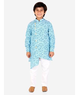 Firozi Floral Design Cotton Boys Cut Kurta Pajama Set 1