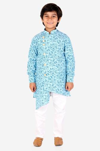 Firozi Floral Design Cotton Boys Cut Kurta Pajama Set