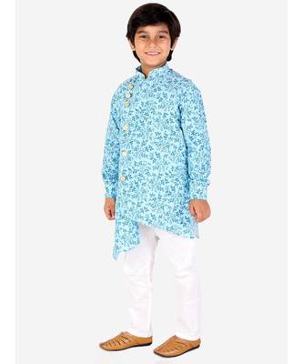 Firozi Floral Design Cotton Boys Cut Kurta Pajama Set 4