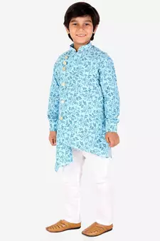 Firozi Floral Design Cotton Boys Cut Kurta Pajama Set