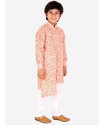 Orange Floral Design Cotton Boys Cut Kurta Pajama Set 1