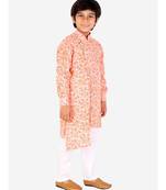 Orange Floral Design Cotton Boys Cut Kurta Pajama Set