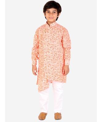 Orange Floral Design Cotton Boys Cut Kurta Pajama Set 2