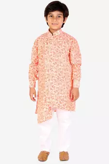 Orange Floral Design Cotton Boys Cut Kurta Pajama Set