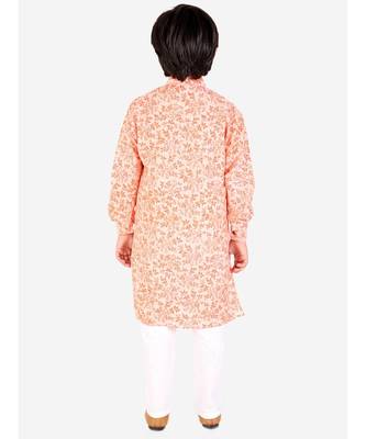 Orange Floral Design Cotton Boys Cut Kurta Pajama Set 3