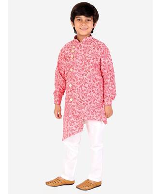 Red Floral Design Cotton Boys Cut Kurta Pajama Set 1