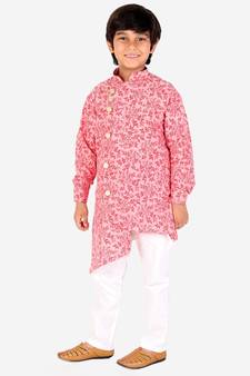 Red Floral Design Cotton Boys Cut Kurta Pajama Set