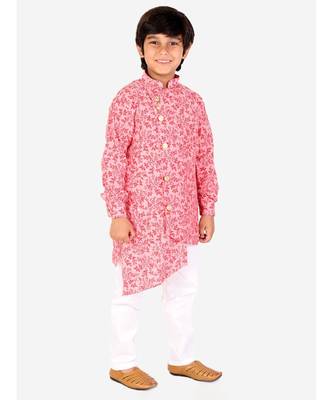 Red Floral Design Cotton Boys Cut Kurta Pajama Set 2