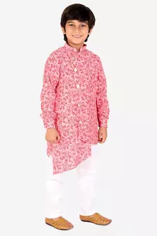 Red Floral Design Cotton Boys Cut Kurta Pajama Set