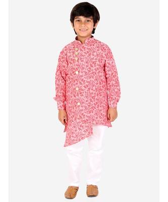 Red Floral Design Cotton Boys Cut Kurta Pajama Set 3