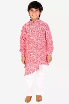 Red Floral Design Cotton Boys Cut Kurta Pajama Set