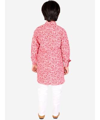 Red Floral Design Cotton Boys Cut Kurta Pajama Set 4