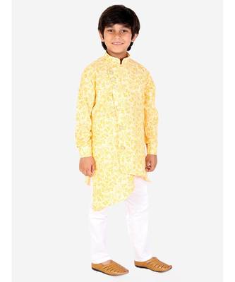 Yellow Floral Design Cotton Boys Cut Kurta Pajama Set 1