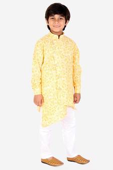 Yellow Floral Design Cotton Boys Cut Kurta Pajama Set