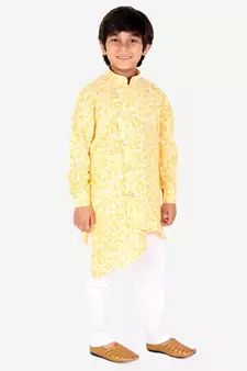 Yellow Floral Design Cotton Boys Cut Kurta Pajama Set