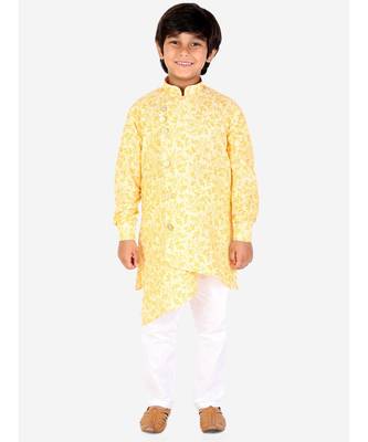 Yellow Floral Design Cotton Boys Cut Kurta Pajama Set 2