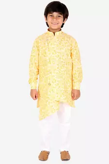 Yellow Floral Design Cotton Boys Cut Kurta Pajama Set
