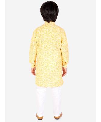 Yellow Floral Design Cotton Boys Cut Kurta Pajama Set 3