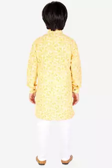 Yellow Floral Design Cotton Boys Cut Kurta Pajama Set