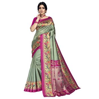 Green printed art silk saree with blouse 1