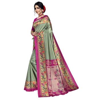 Green printed art silk saree with blouse 2