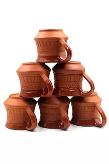 Esvar Stonecraft Terracotta Clay Tea Cups - Set of 6, Earthen Brown, Ceramic coated