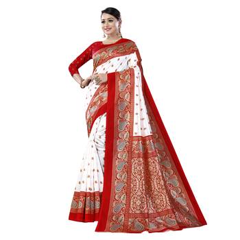 White printed art silk saree with blouse 1