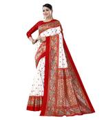 White printed art silk saree with blouse