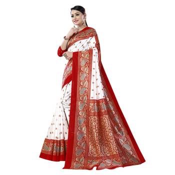 White printed art silk saree with blouse 2