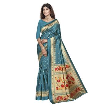 Green printed art silk saree with blouse 1