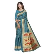 Green printed art silk saree with blouse