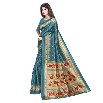 Green printed art silk saree with blouse 2
