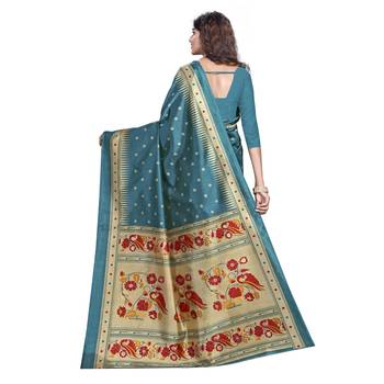 Green printed art silk saree with blouse 3