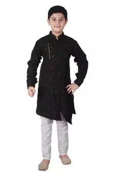 Black printed Cotton Boys Cut Kurta Pajama Set