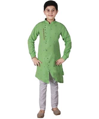 Green Printed Cotton Boys Cut Kurta Pajama Set 1