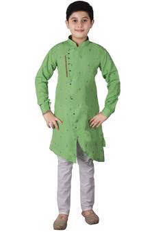 Green Printed Cotton Boys Cut Kurta Pajama Set