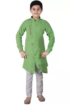 Green Printed Cotton Boys Cut Kurta Pajama Set