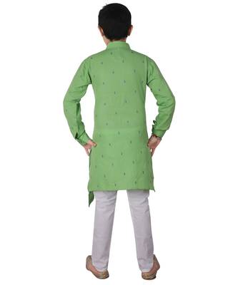 Green Printed Cotton Boys Cut Kurta Pajama Set 2