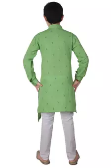 Green Printed Cotton Boys Cut Kurta Pajama Set