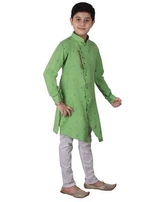 Green Printed Cotton Boys Cut Kurta Pajama Set 3