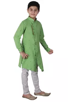 Green Printed Cotton Boys Cut Kurta Pajama Set