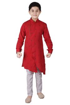 Maroon Printed Cotton Boys Cut Kurta Pajama Set