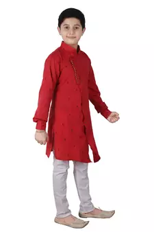 Maroon Printed Cotton Boys Cut Kurta Pajama Set