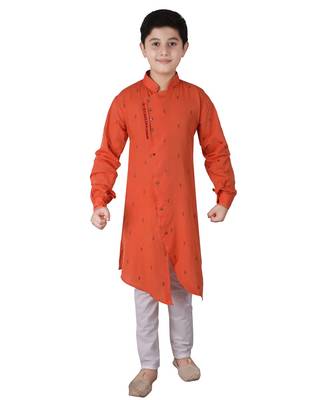 Orange Printed Cotton Boys Cut Kurta Pajama Set 1