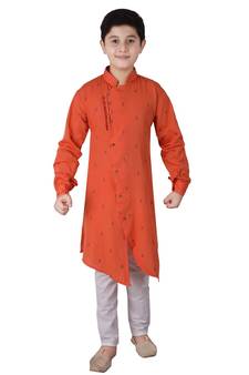 Orange Printed Cotton Boys Cut Kurta Pajama Set