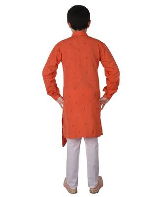 Orange Printed Cotton Boys Cut Kurta Pajama Set 2