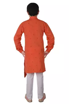 Orange Printed Cotton Boys Cut Kurta Pajama Set
