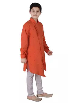 Orange Printed Cotton Boys Cut Kurta Pajama Set