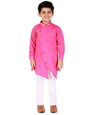 Pink Printed Cotton Boys Cut Kurta Pajama Set 1
